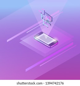 Mobile phone and shopping cart. Concept of internet shopping, mobile shopping. Neon, ultraviolet colors. Flat isometric illustration. Vector.