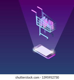 Mobile phone and shopping cart. Concept of internet shopping, mobile shopping. Neon, ultraviolet colors. Flat isometric illustration. Vector.
