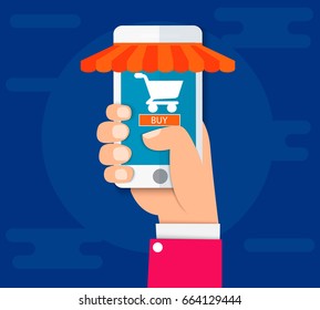 Mobile phone with shopping cart, delivery service, online order notification concept, modern design of flat icons, isolated on blue background