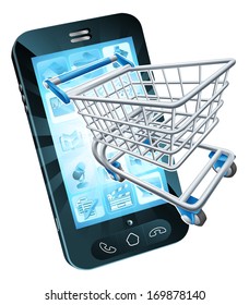 Mobile phone with shopping cart flying out, concept for shopping online or for apps or mobile phone