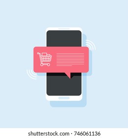 Mobile phone with shopping cart full, red speech bubble vector illustration, online ordering notification concept, ecommerce, order delivery service modern flat icon design isolated on blue background