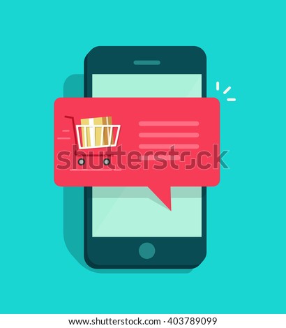 Mobile phone with shopping cart full, red speech bubble vector illustration, online ordering notification concept, ecommerce, order delivery service modern flat icon design isolated on blue background