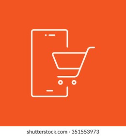 Mobile phone with shopping cart on a screen line icon for web, mobile and infographics. Vector white icon isolated on red background.