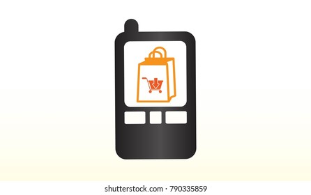 Mobile Phone Shopping vector with shopping bag and cart icon on the screen.