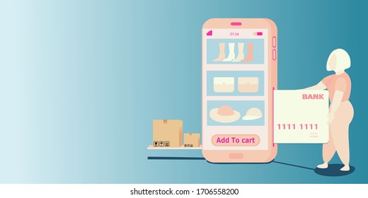 The mobile phone is showing the product on the screen. The customer is paying with the credit card. And there is a product box sliding out on the side of the phone.vector,illustration,web.