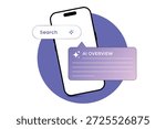 Mobile phone showing search interface with artificial intelligence overview. Modern tech concept illustrating data processing and summarization for user experience.