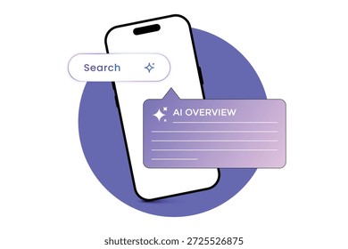 Mobile phone showing search interface with artificial intelligence overview. Modern tech concept illustrating data processing and summarization for user experience.