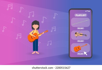 Mobile phone shows the playlist. 3 types of instruments: flute, violin, and guitar. Choose a guitar to play the song on a metaverse screen. Vector illustration of the future. 