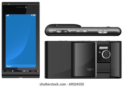 The mobile phone from the  side, front and top views in vector format.
