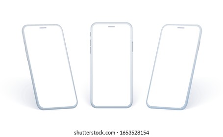 Mobile Phone Side View Set. White Clay Smartphone Collection In Different Angles And In Perspertive Point. Isolated Device With Empty Screen For Showing App Design Or Website. Vector Illustration.