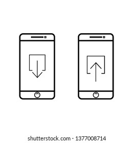 Mobile phone with a sign upload icon. Download arrow up and down sign