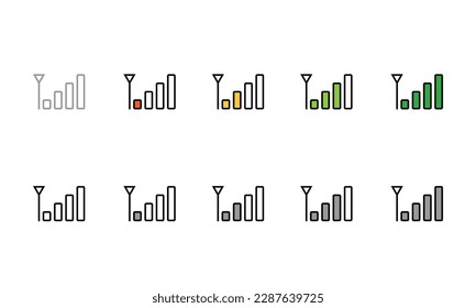 Mobile phone signal bar flat line icon from no signal to strong signal set