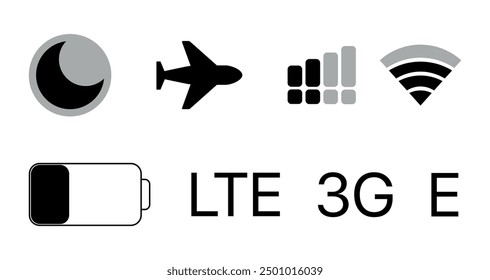 Mobile phone signal, wi-fi, battery, connection, flight mode, sleep mode icon. Status bar symbol modern, simple, vector, icon for website design, mobile app, ui. Vector Illustration