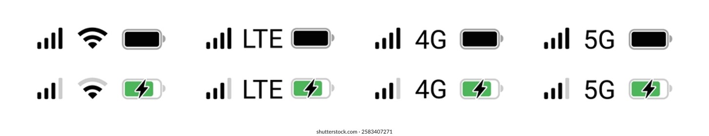  Mobile phone signal, Wi-Fi, and battery icons. Status bar symbols in a modern, simple vector style for website design, mobile apps, and UI elements. transparent PNG and vector format.