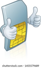 A mobile phone sim card cartoon character mascot giving a double thumbs up.