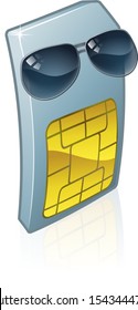 A mobile phone sim card cartoon character mascot wearing cool shades or sunglasses