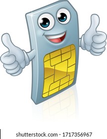 A mobile phone sim card cartoon character mascot giving a double thumbs up.