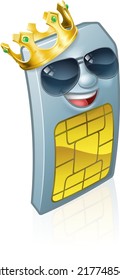 A mobile phone sim card cartoon character mascot wearing a gold king crown and cool shades or sunglasses