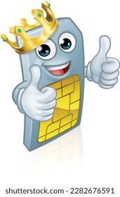 A mobile phone sim card cartoon character mascot wearing a gold king crown and giving a double thumbs up.