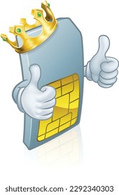 Ein Handy sim-Karte Cartoon Charakter Maskottchen mit einer goldenen King-Krone und geben ein doppeltes Daumen nach oben.