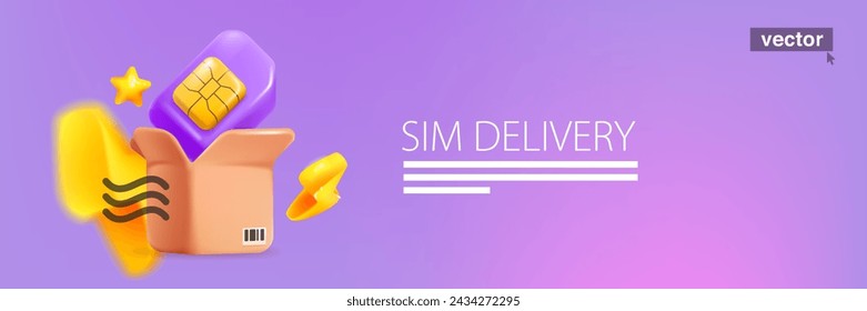 Mobile phone SIM card with golden chip in open cardboard box in neumorphism style. Realistic 3D isometric cartoon render. Fun vector banner template for online cell app, NFC payment, wireless network.