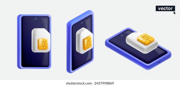 Mobile phone with SIM card with golden chip in neumorphism style. Realistic 3D isometric cartoon render. Fun vector banner template for cell app, NFC payment password, wireless network.