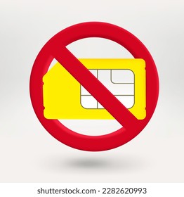 Mobile phone sim card icon in red circle with crossed line. No light concept. 3d vector icon 