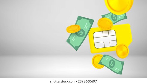 Mobile phone SIM card with money. Expensive mobile calls concept. 3d vector banner with copy space