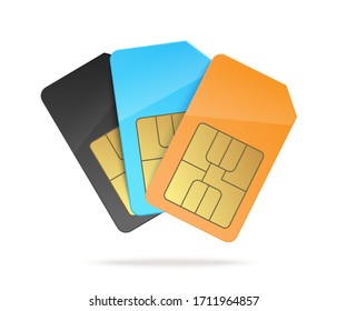 Mobile phone sim cards or cellular telephone gsm micro chips template realistic vector illustration isolated on white background. Wireless telecommunication technology.