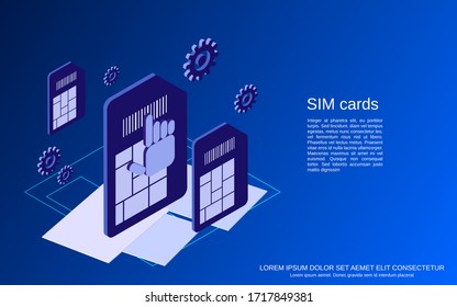 SIM-Mobiltelefonkarten mit flacher isometrischer Vektorillustration - Abbildung