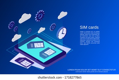 Ilustración conceptual isométrica plana de tarjetas SIM para teléfonos móviles