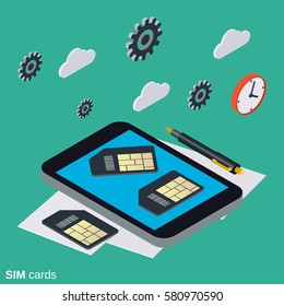 Mobile phone SIM cards flat isometric vector concept illustration
