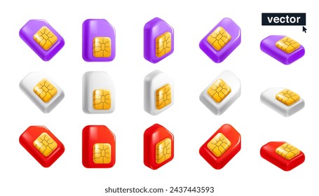 Mobile phone SIM cards set with golden chip in neumorphism style. Realistic 3D isometric cartoon render. Fun vector banner template for cell app, NFC payment password, wireless network.