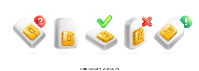 Mobile phone SIM cards set with golden chip, notification sphere, checkmark, red cross in neumorphism style. Realistic 3D isometric cartoon render. Fun vector banner template for cell app, NFC payment