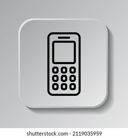 Icono simple del teléfono móvil. Diseño plano. Icono negro en botón cuadrado con sombra. Fondo gris.ai