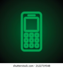 Mobile phone simple icon. Flat desing. Green neon on black background with green light.ai