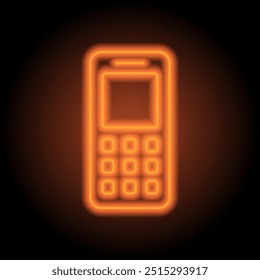 Mobile phone simple icon. Flat design. Orange neon on black background.ai