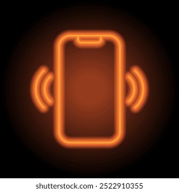 Mobile phone simple icon vector. Flat design. Orange neon on black background.ai