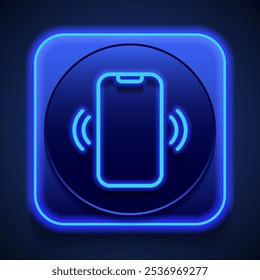 Mobile phone simple icon vector. Flat design. Blue neon style on button. With shadow.ai