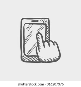 Mobile phone sketch icon for web, mobile and infographics. Hand drawn vector dark grey icon isolated on light grey background.