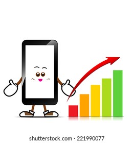Mobile phone, Smart phone cartoon with chart on isolated white background