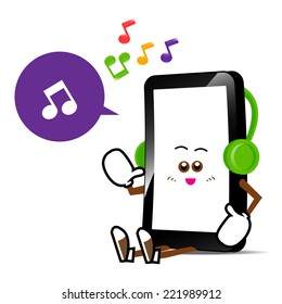Mobile phone, Smart phone cartoon with music on isolated white background