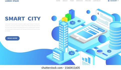 Mobile phone and Smart Digital Virtual City and Intelligent buildings concept. Magnifying glass and Data Analysis. Landing page template. Can use for web and banner. 3d vector isometric illustration.