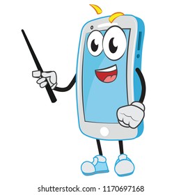 Mobile phone smart funny trainer presenter character stick in hand ready to teach present your business education corporate contents