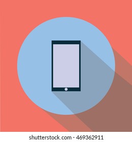 Mobile phone, smart phone vector icon on blue circle and red background, flat, long shadow, isolated, illustration