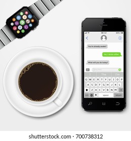 Mobile phone, smart watch and coffee cup. Social network concept. Chating and messaging concept. Vector illustration.