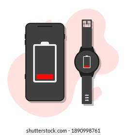 mobile phone and smart watch with low battery indicator