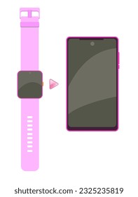 El teléfono móvil y el reloj inteligente se burlan. Conéctate, sincronizando a través de la aplicación. Color morado y rosa, tecnología de estilo femenino