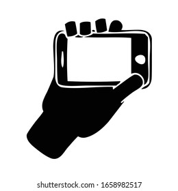 mobile phone, smartphone (black color), held in right hand horizontally silhouette, symbol, outline, vector illustration