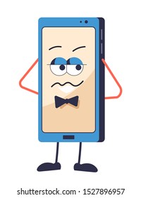 Mobile phone, smartphone blue cartoon character with black bow tie. Giving a side eye look, facial expression on the screen display. Isolated graphic flat vector illustration, white background.